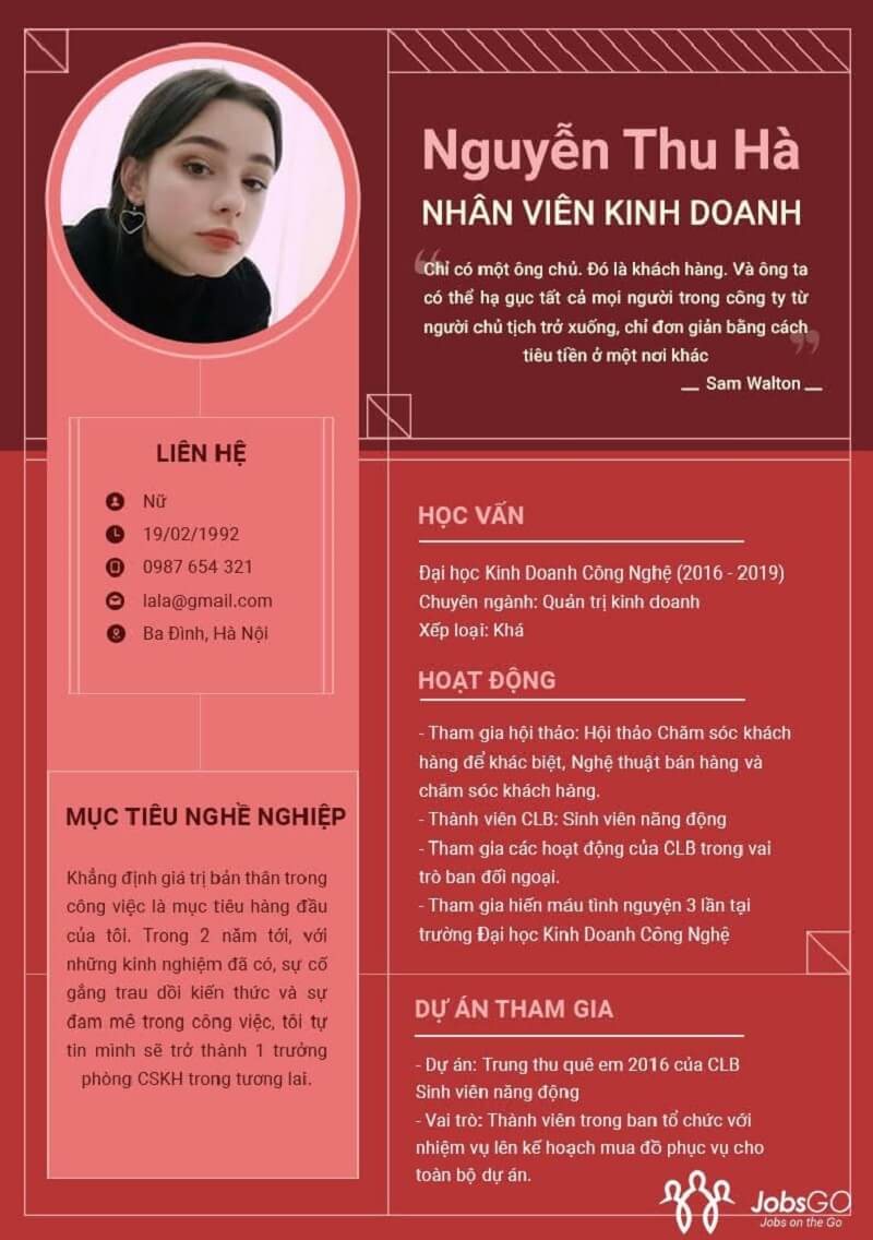 Mẫu CV Online Xin Việc Nhân Viên Kinh Doanh