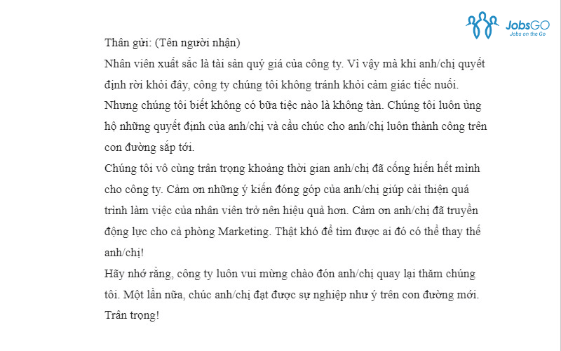 Thư Cảm Ơn Nhân Viên Nghỉ Việc