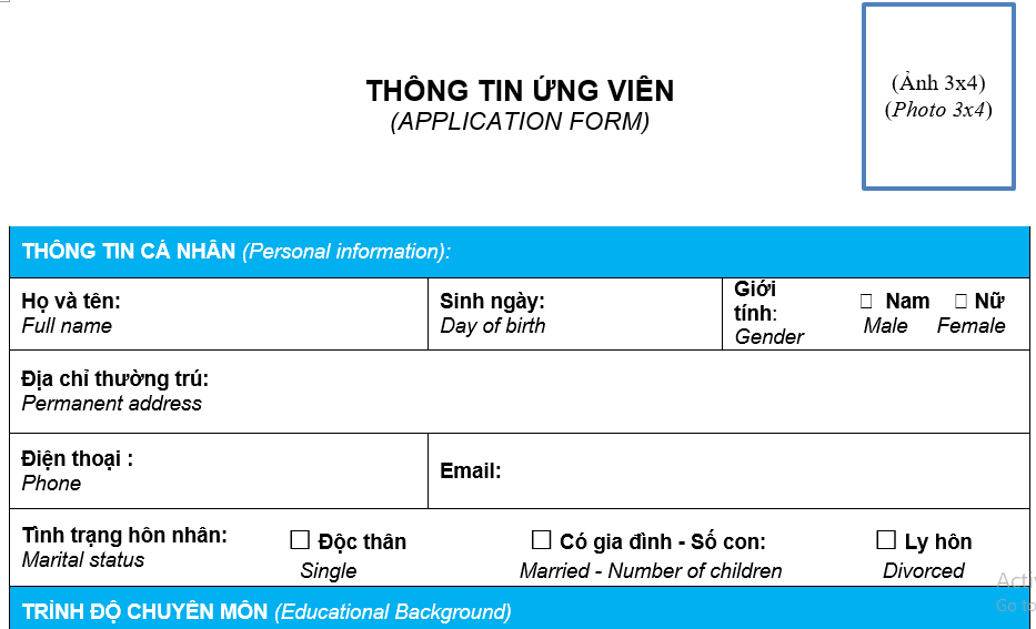 mẫu thông tin ứng viên