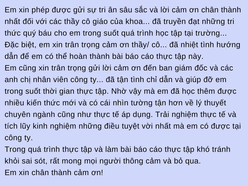 mẫu lời cảm ơn trong báo cáo thực tập chung 1