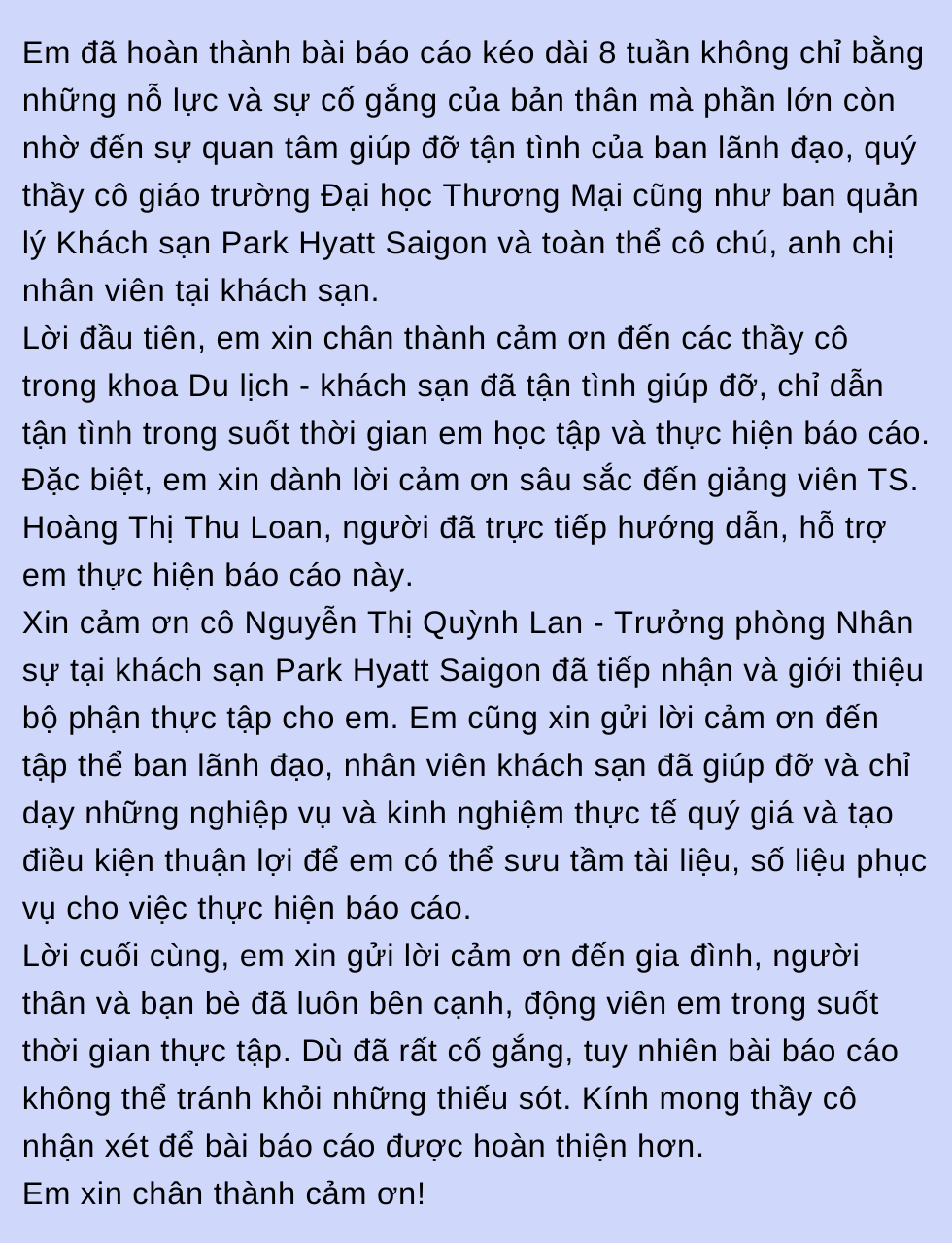 mẫu lời cảm ơn trong báo cáo thực tập chuyên ngành 1