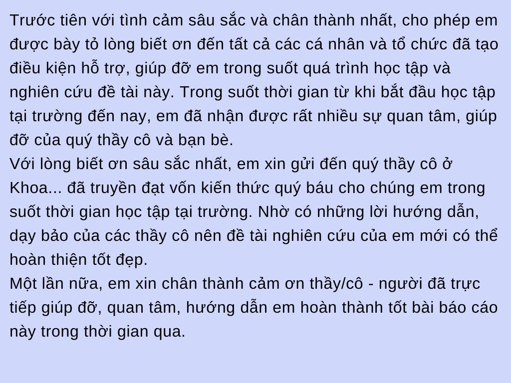 mẫu lời cảm ơn trong báo cáo thực tập chuyên ngành 5