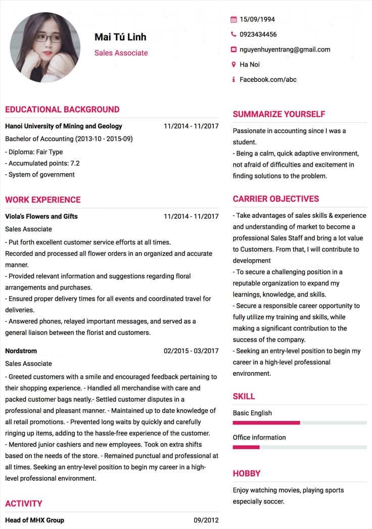 Mẫu CV xin việc tiếng Anh cho nhân viên kinh doanh