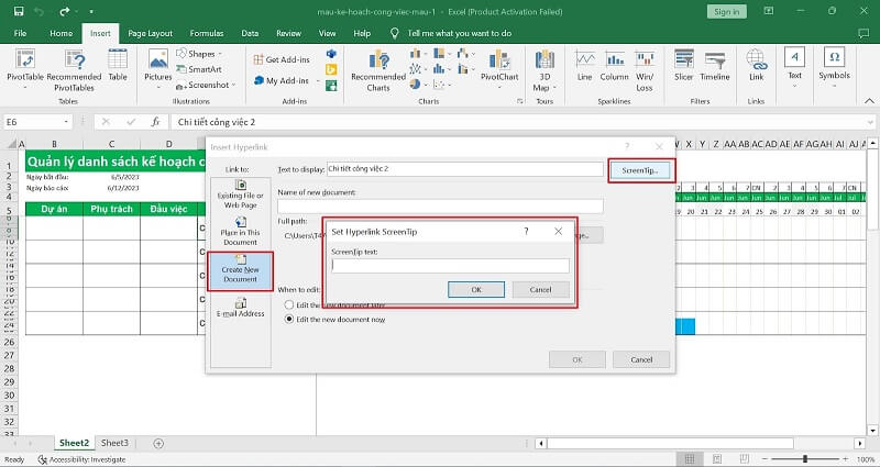 Tạo Hyperlink file mới trong Excel 2
