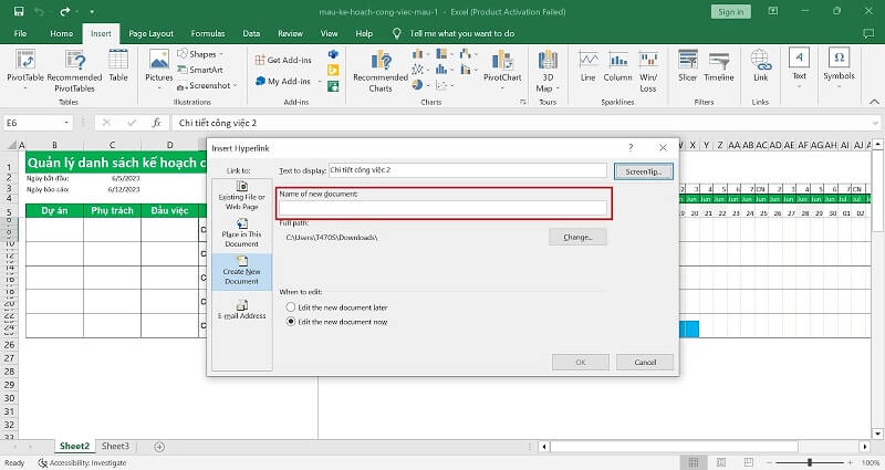 Tạo Hyperlink file mới trong Excel 3