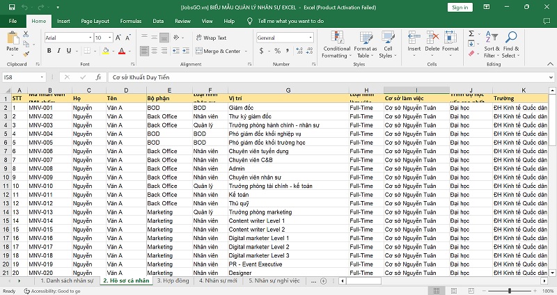 File Excel quản lý hồ sơ nhân sự