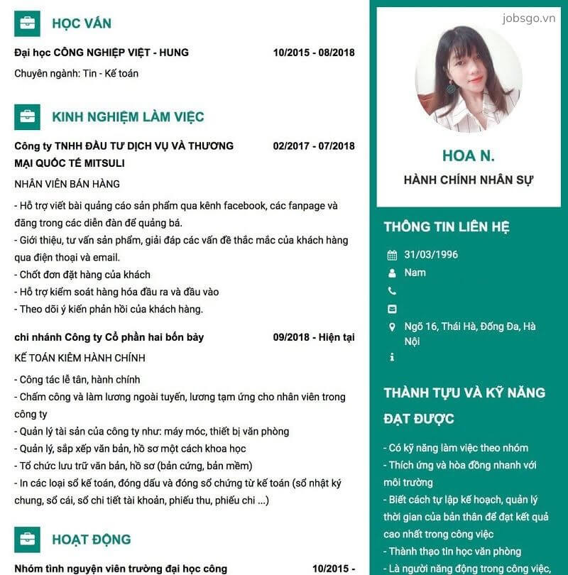 Mẫu CV Xin Việc Ngành Nhân Sự 2