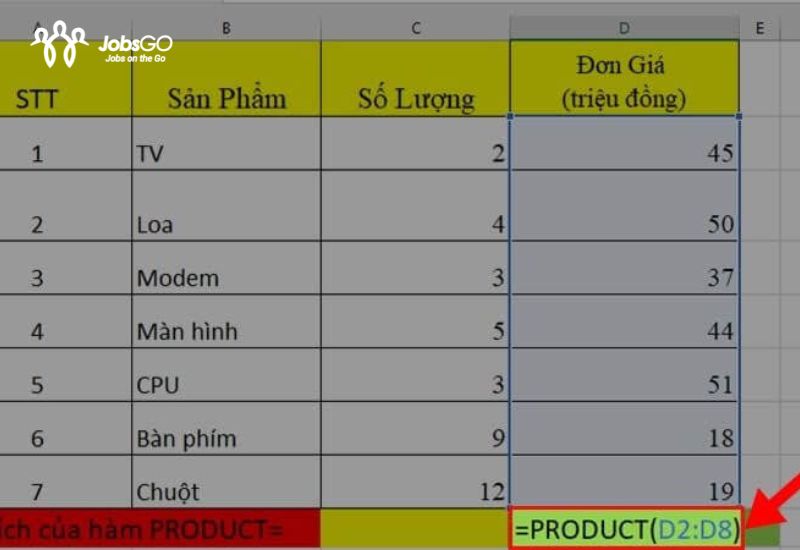 hàm product trong excel